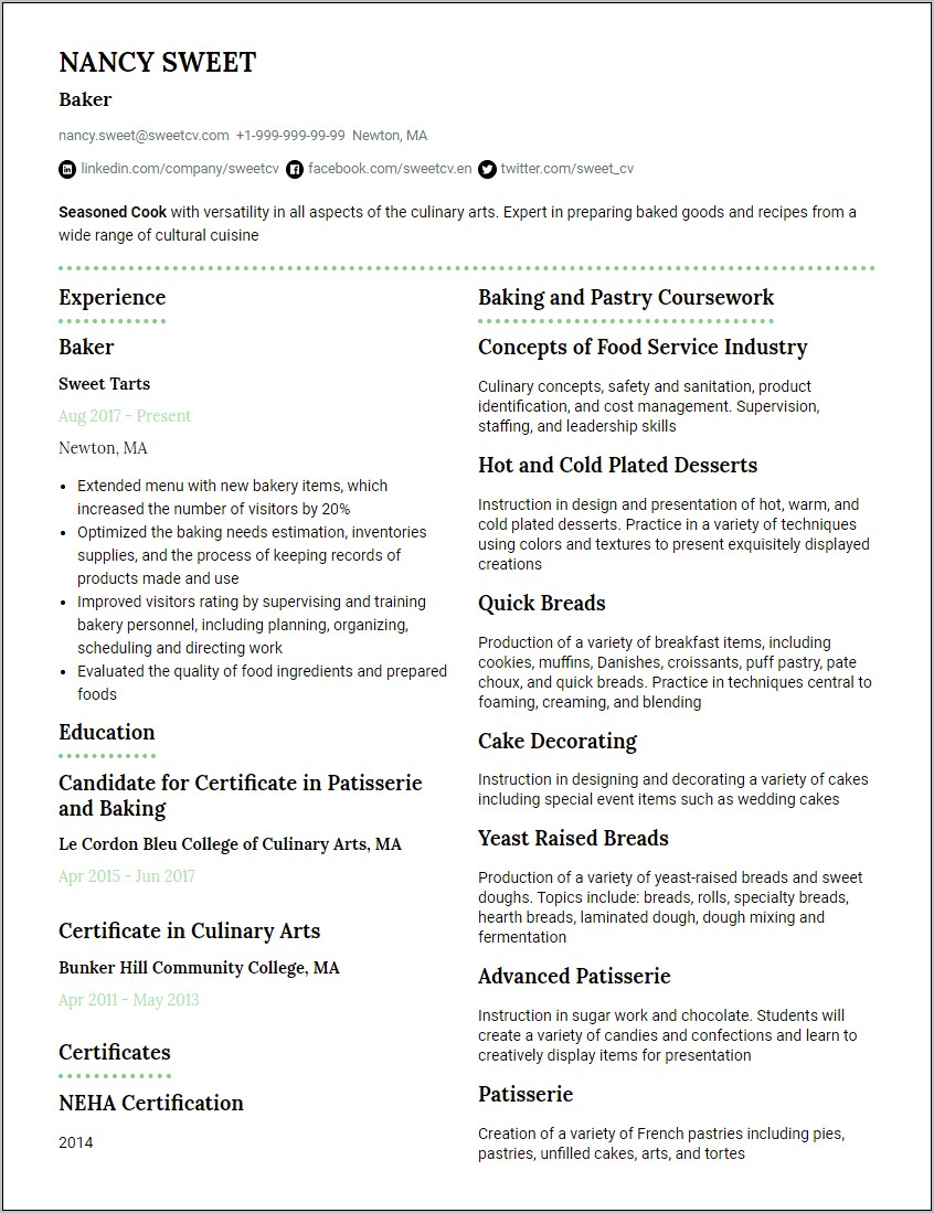 Cooking And Baking Skill Resume