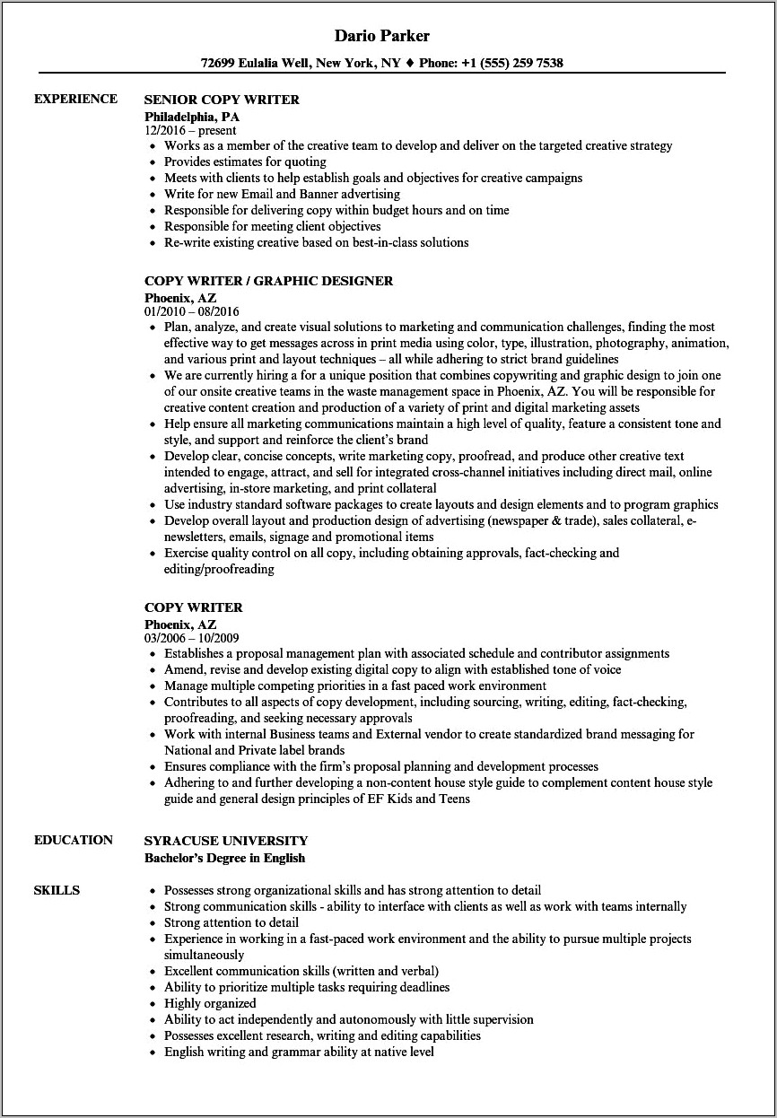 Copywriter Free Resume Proven Download