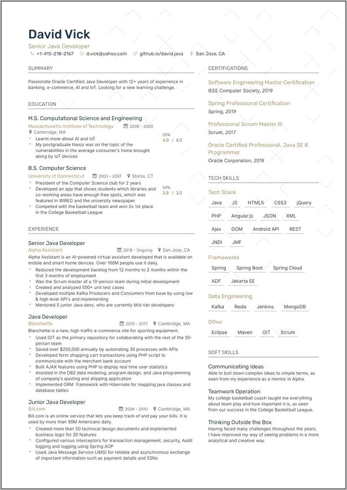 Core Java Developer Resume Sample