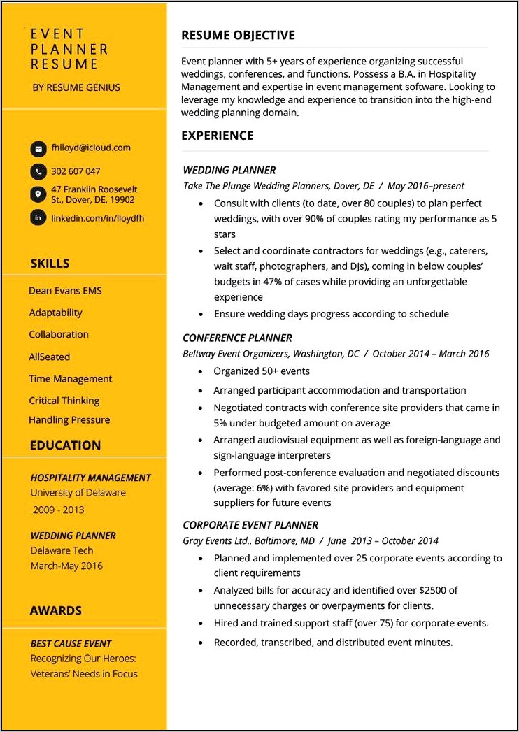 Corporate Event Manager Sample Resume