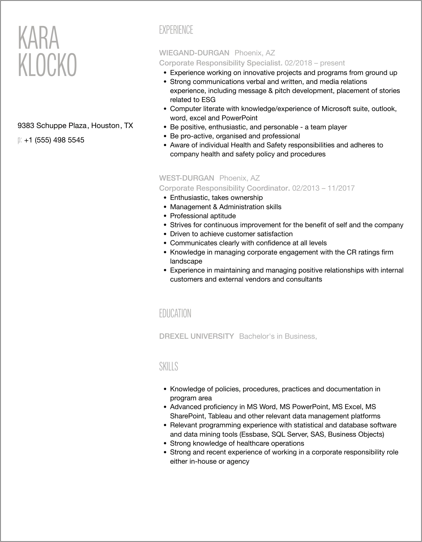 Corporate Social Responsibility Resume Sample