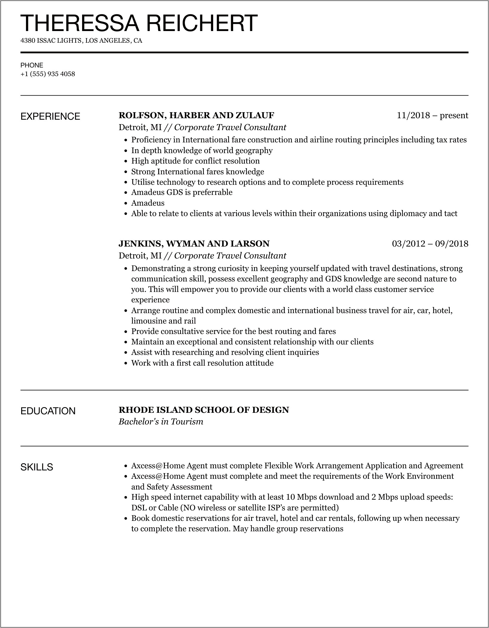Corporate Travel Agent Resume Examples