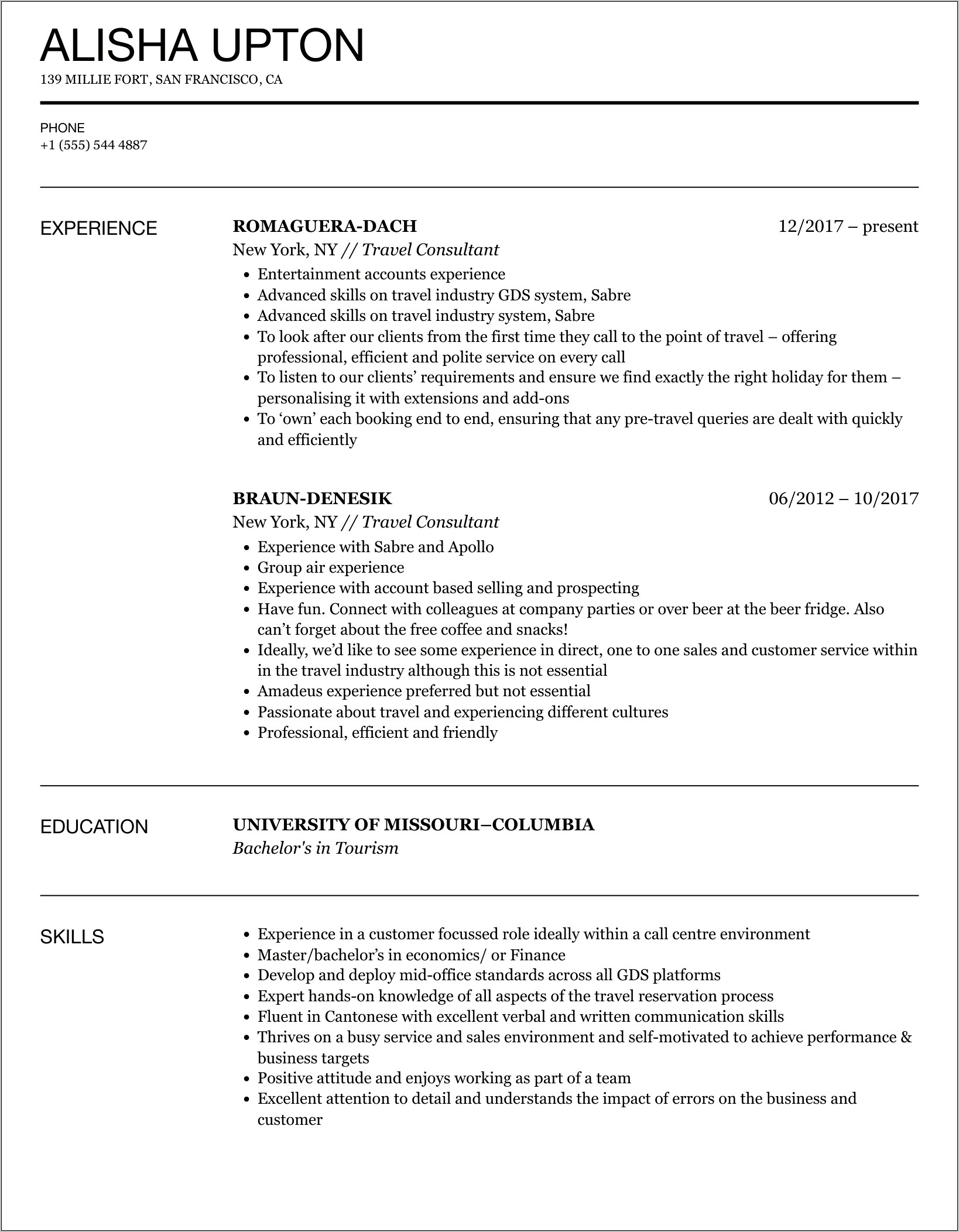 Corporate Travel Consultant Resume Sample