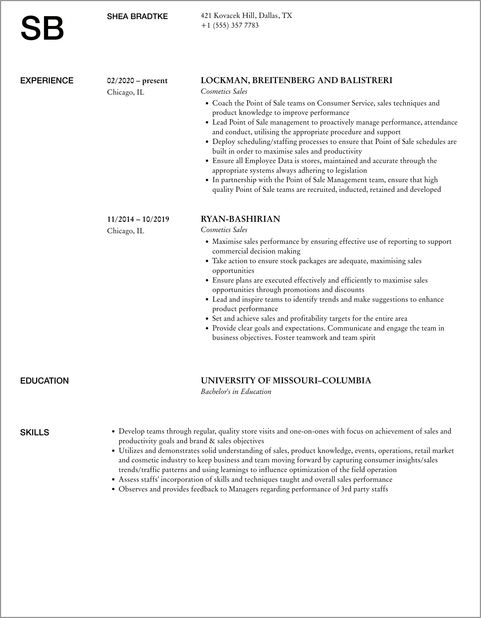 Cosmetic Sales Rep Resume Sample