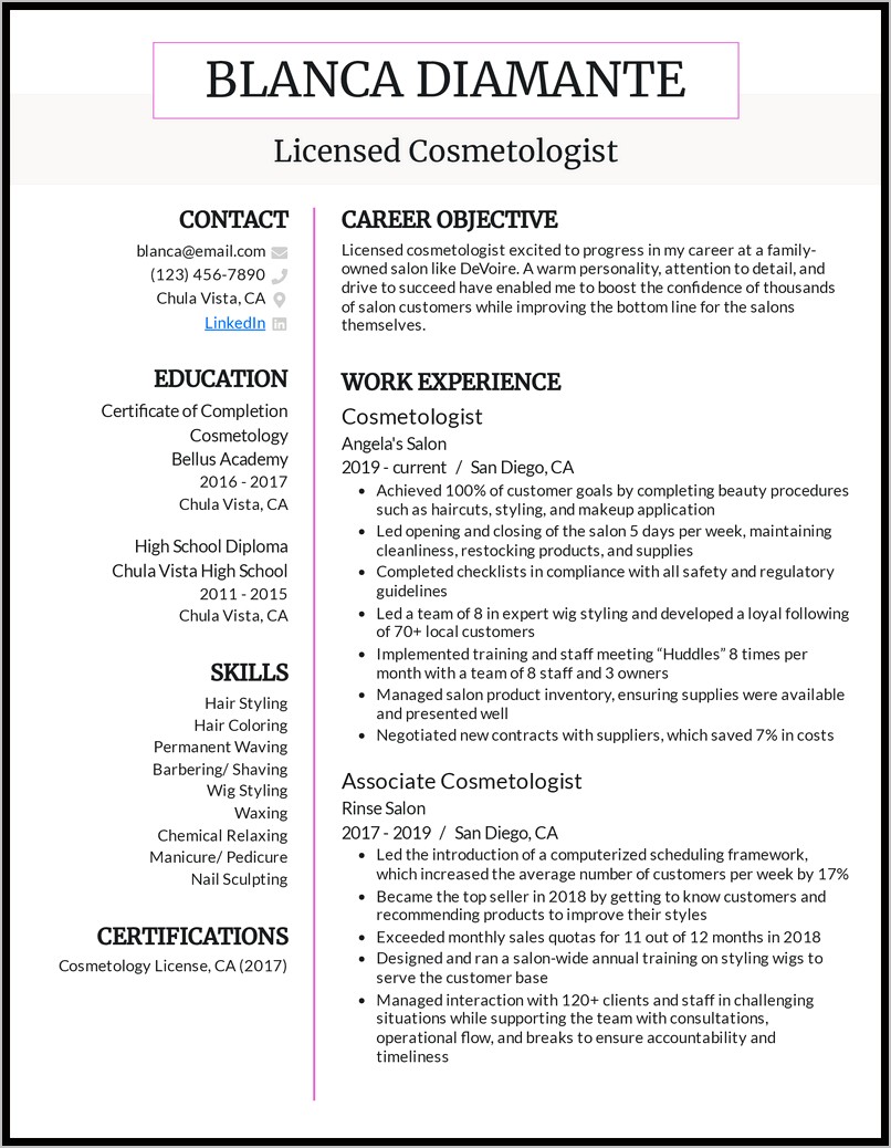 Cosmetologist Resume Examples Newly Licensed