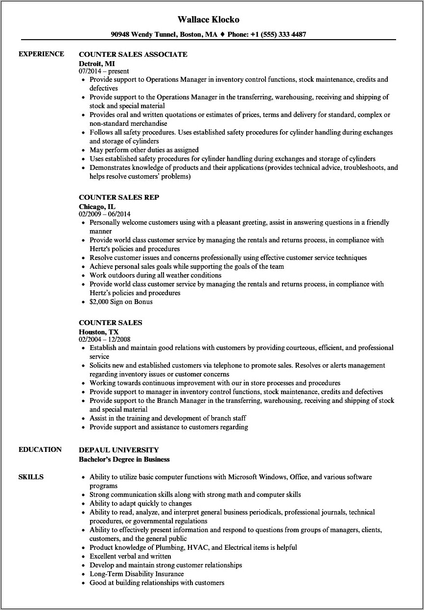 Counter Staff Job Description Resume