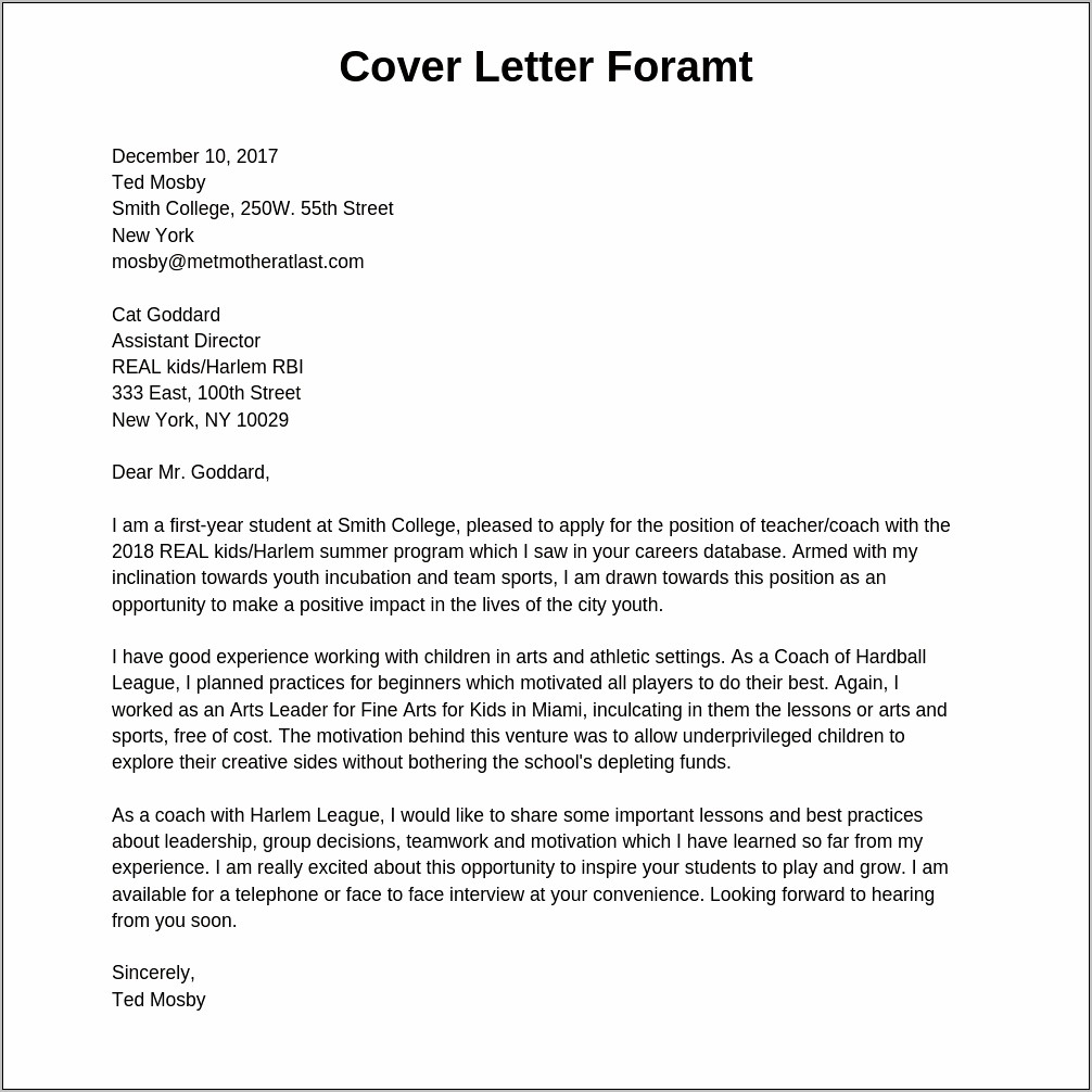 Cover Letter Format Example Resume