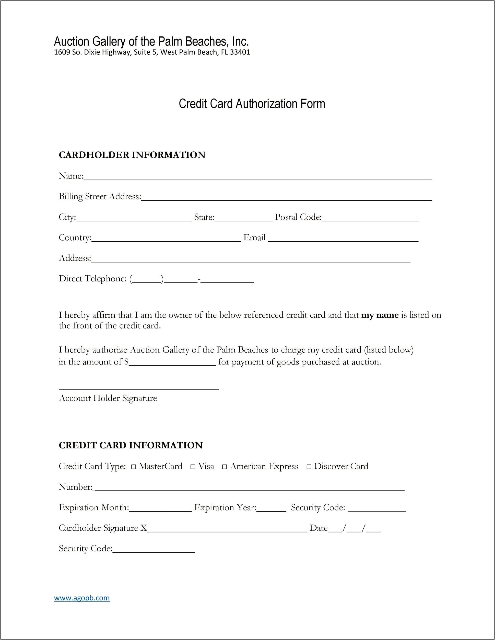 Credit Card Authorization Form Template Download