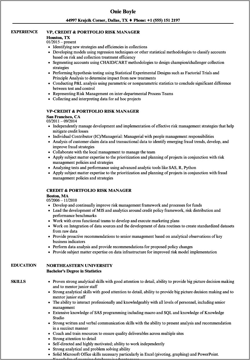 Credit Risk Analytics Manager Resume