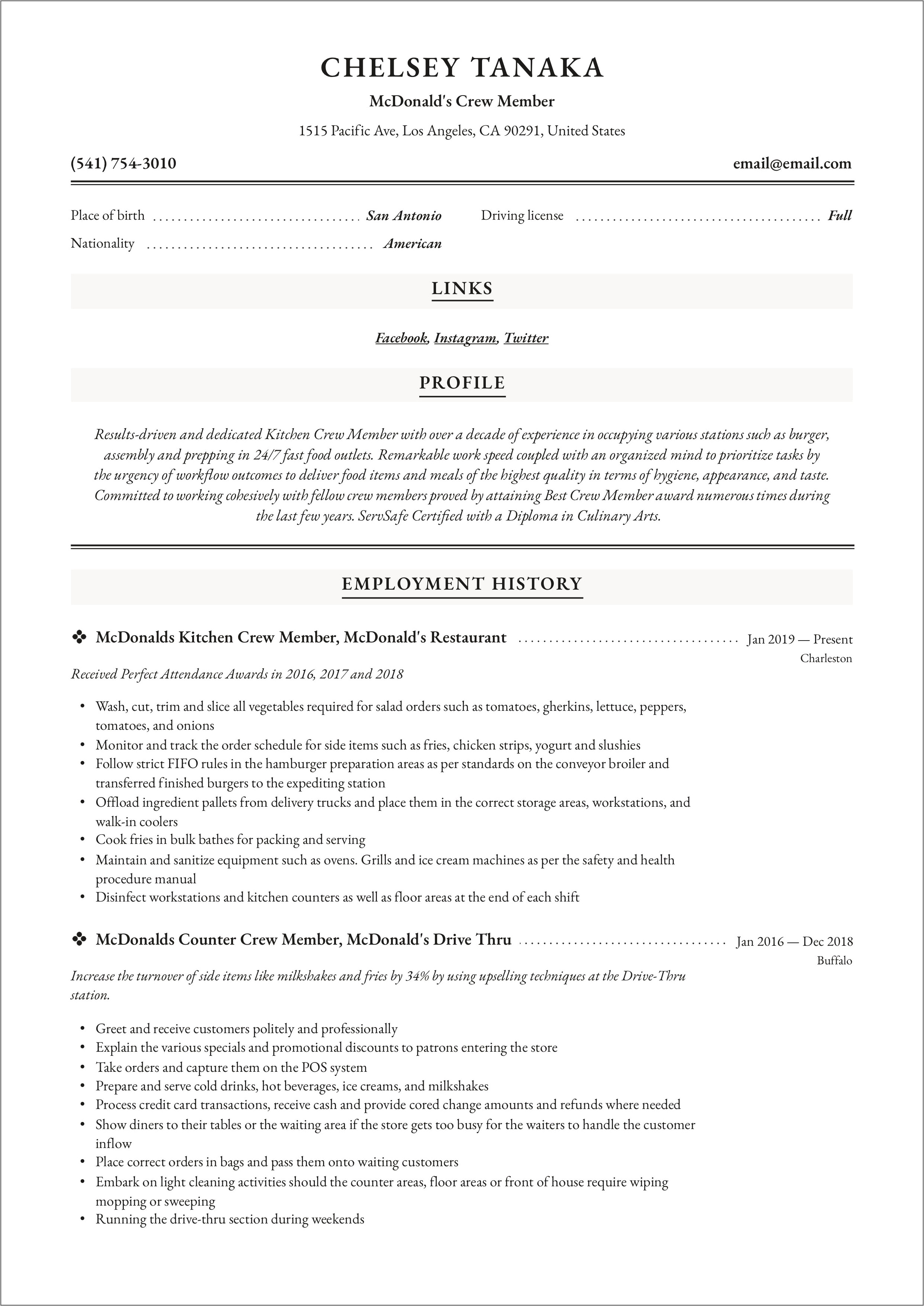 Crew Training Job Mcdonald Resume