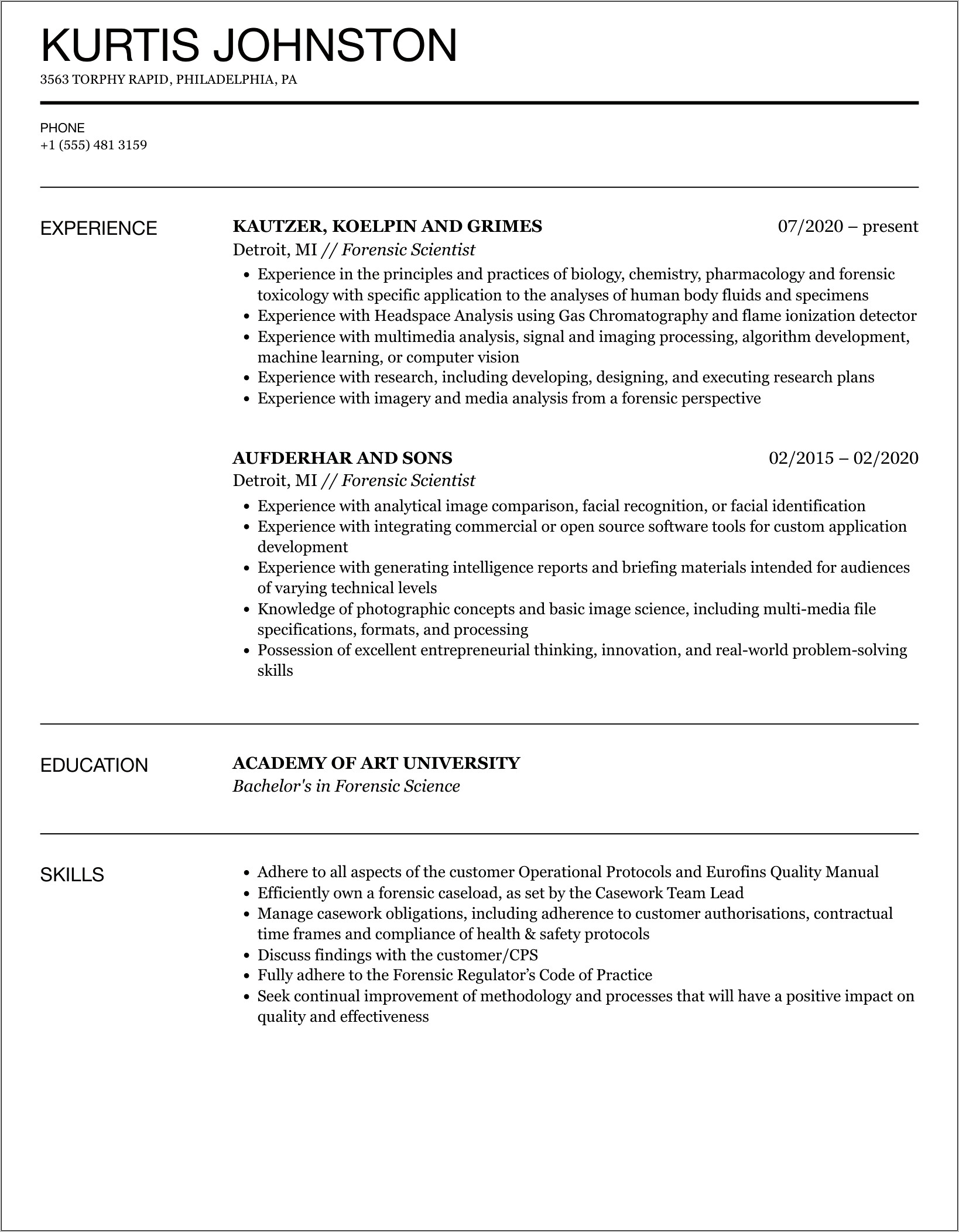 Crime Scene Investigator Resume Sample