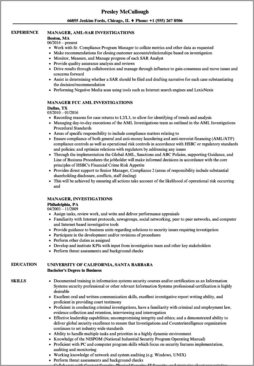 Criminal Investigator Job Description Resume