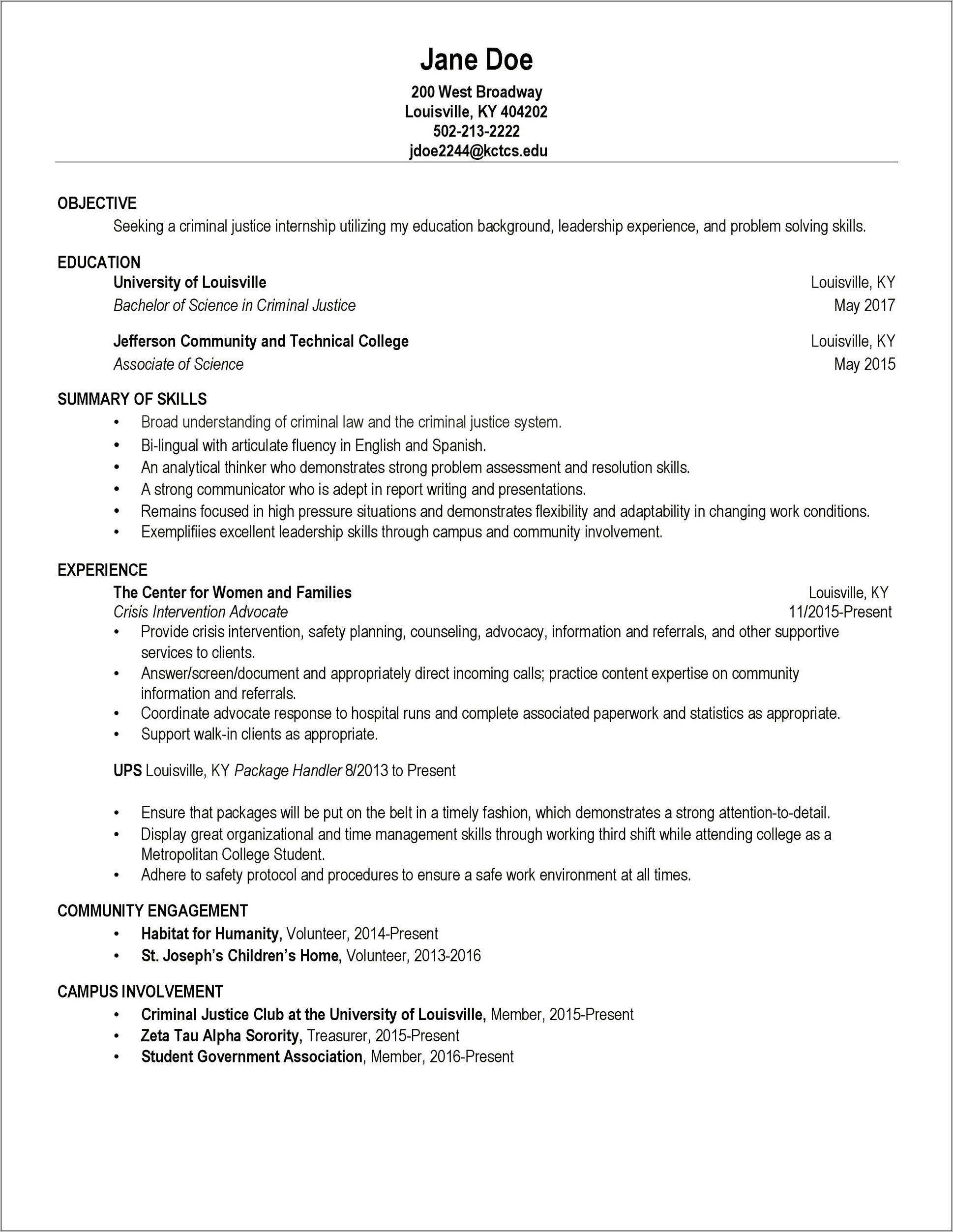 Criminal Justice Major Resume Samples