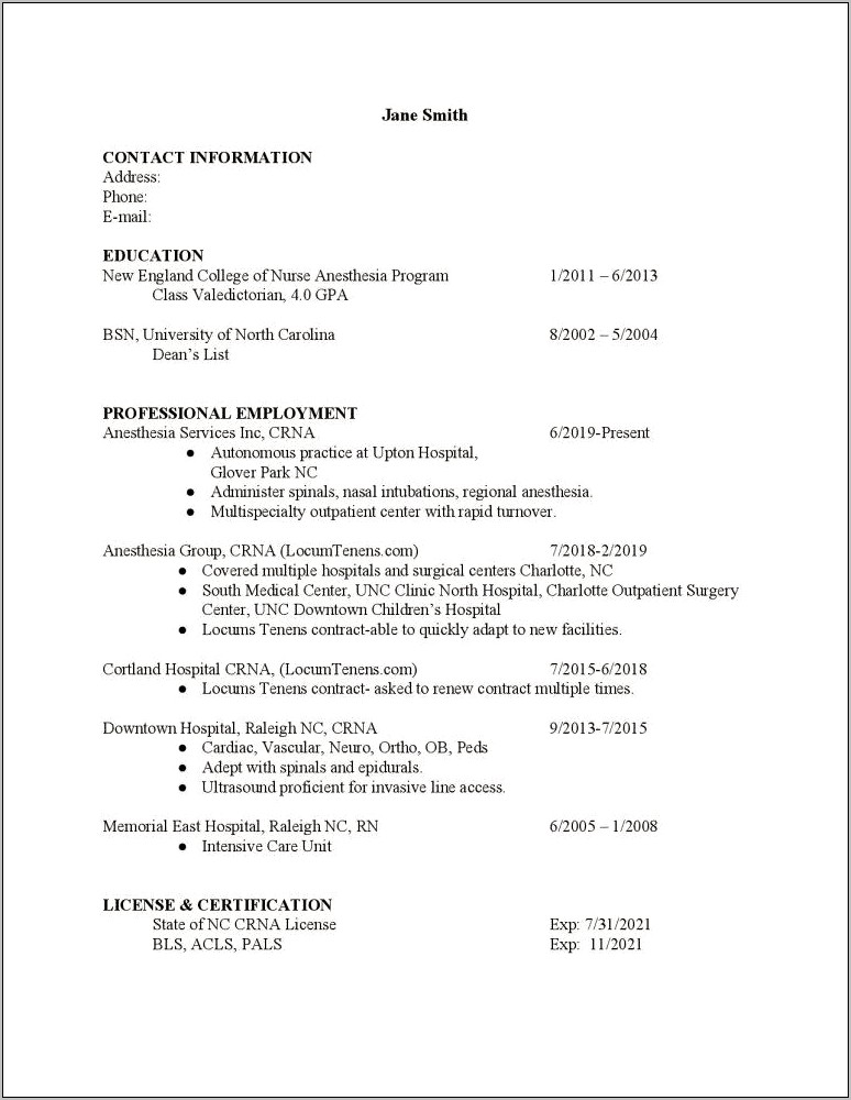 Crna Job Description For Resume