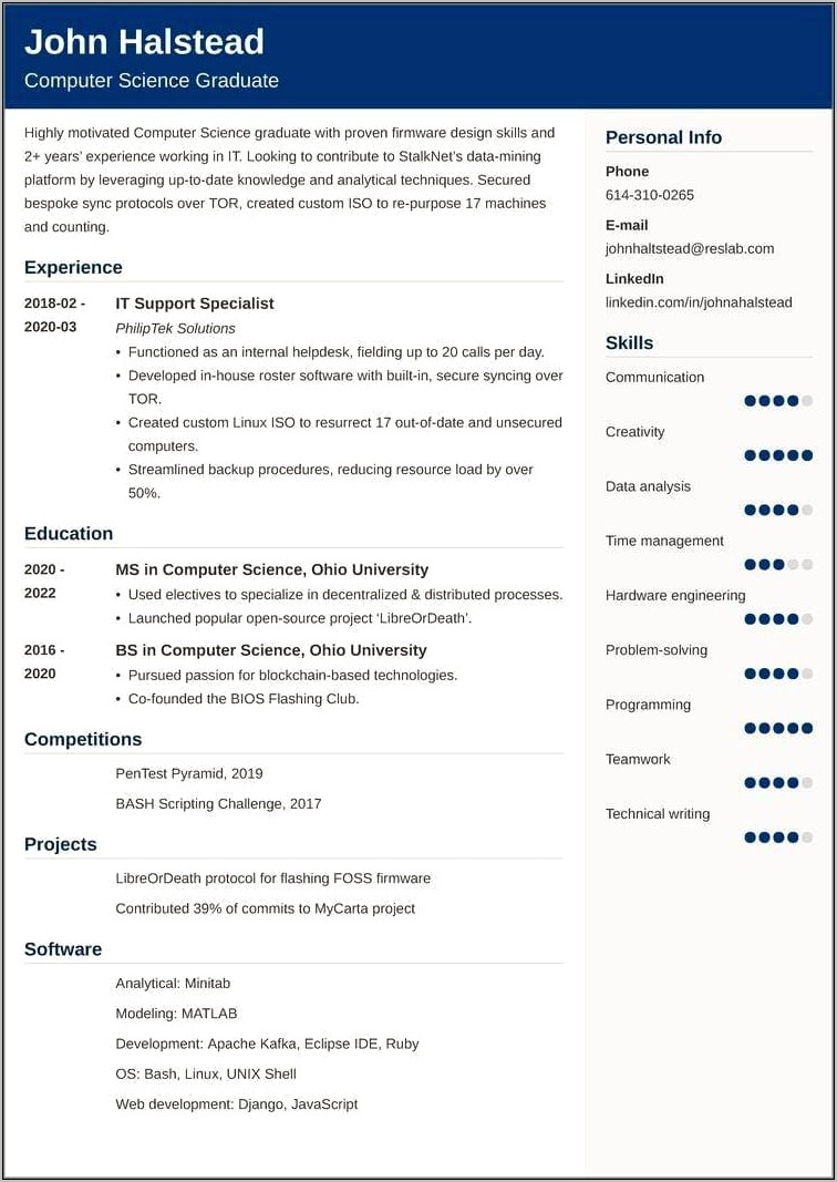 Cse Student Resume Summary Example