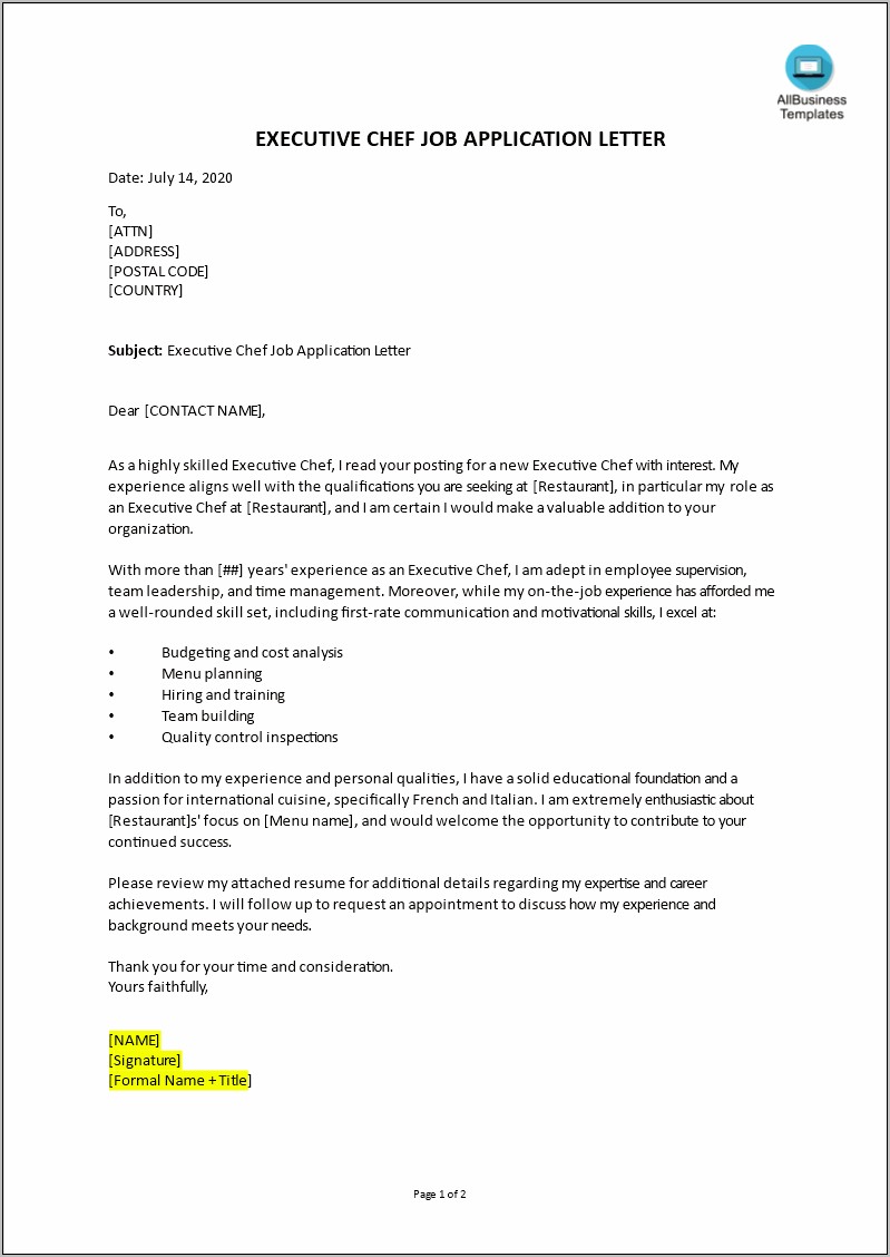 Culinary Resume Cover Letter Examples