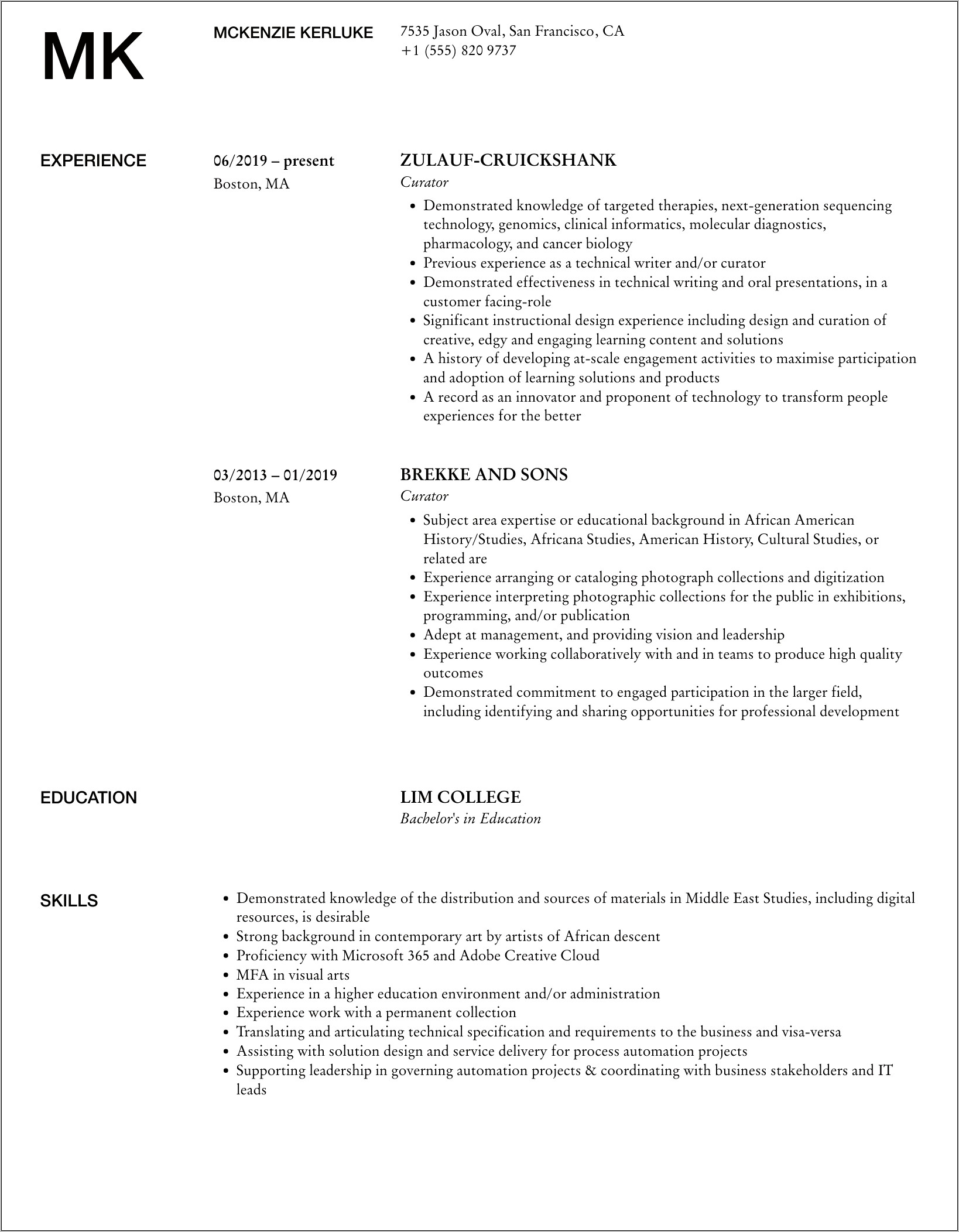 Curator Job Description For Resume