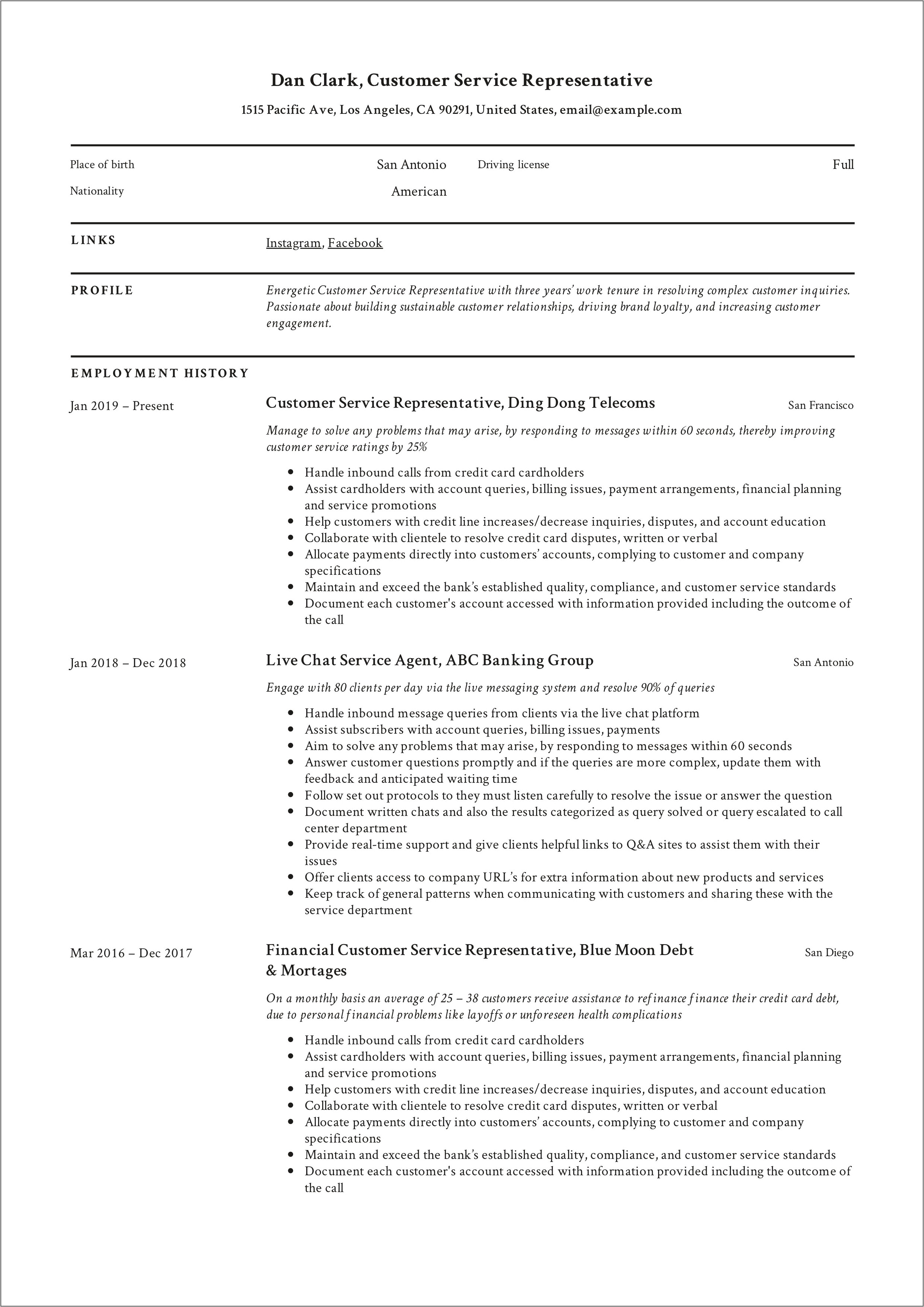 Customer Care Agent Sample Resume