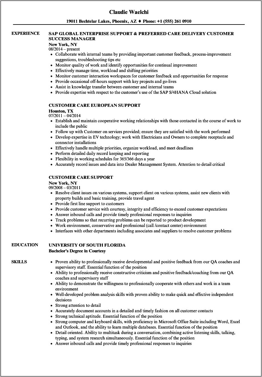 Customer Care Associate Resume Sample