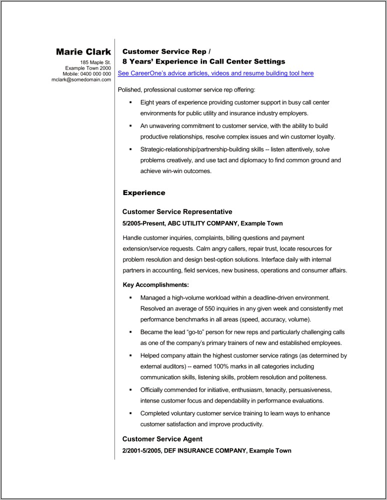 Customer Care Representative Resume Objective