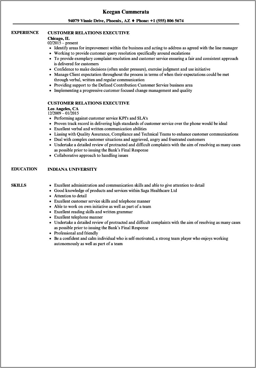 Customer Relationship Executive Sample Resume