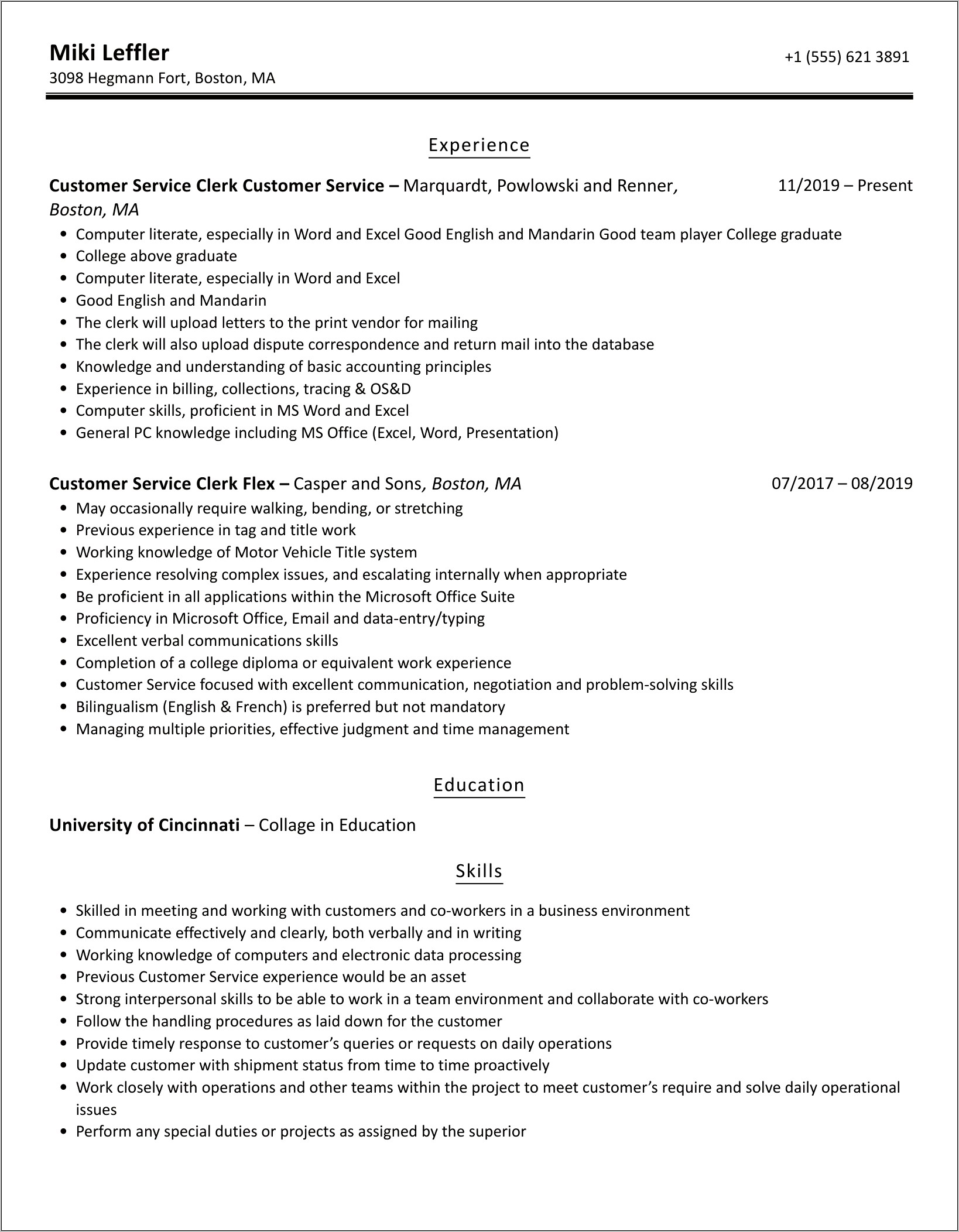 Customer Service Clerk Resume Objective