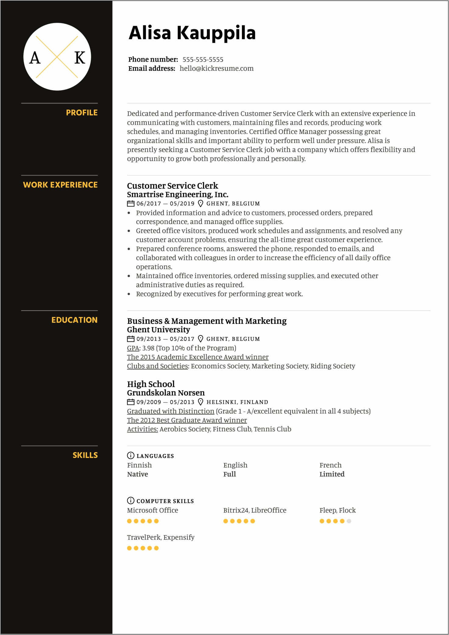 Customer Service Clerk Skills Resume