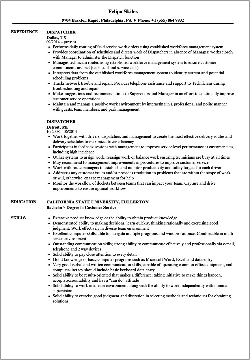 Customer Service Dispatcher Resume Sample