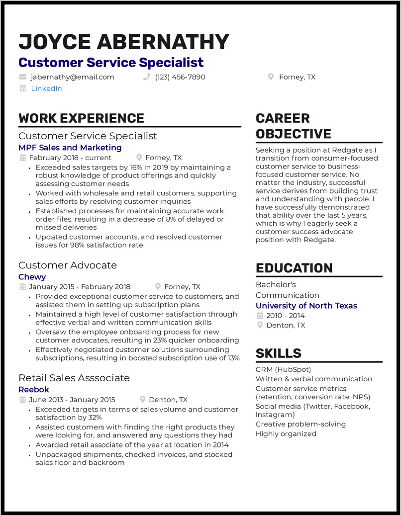 Customer Service Executive Job Resume