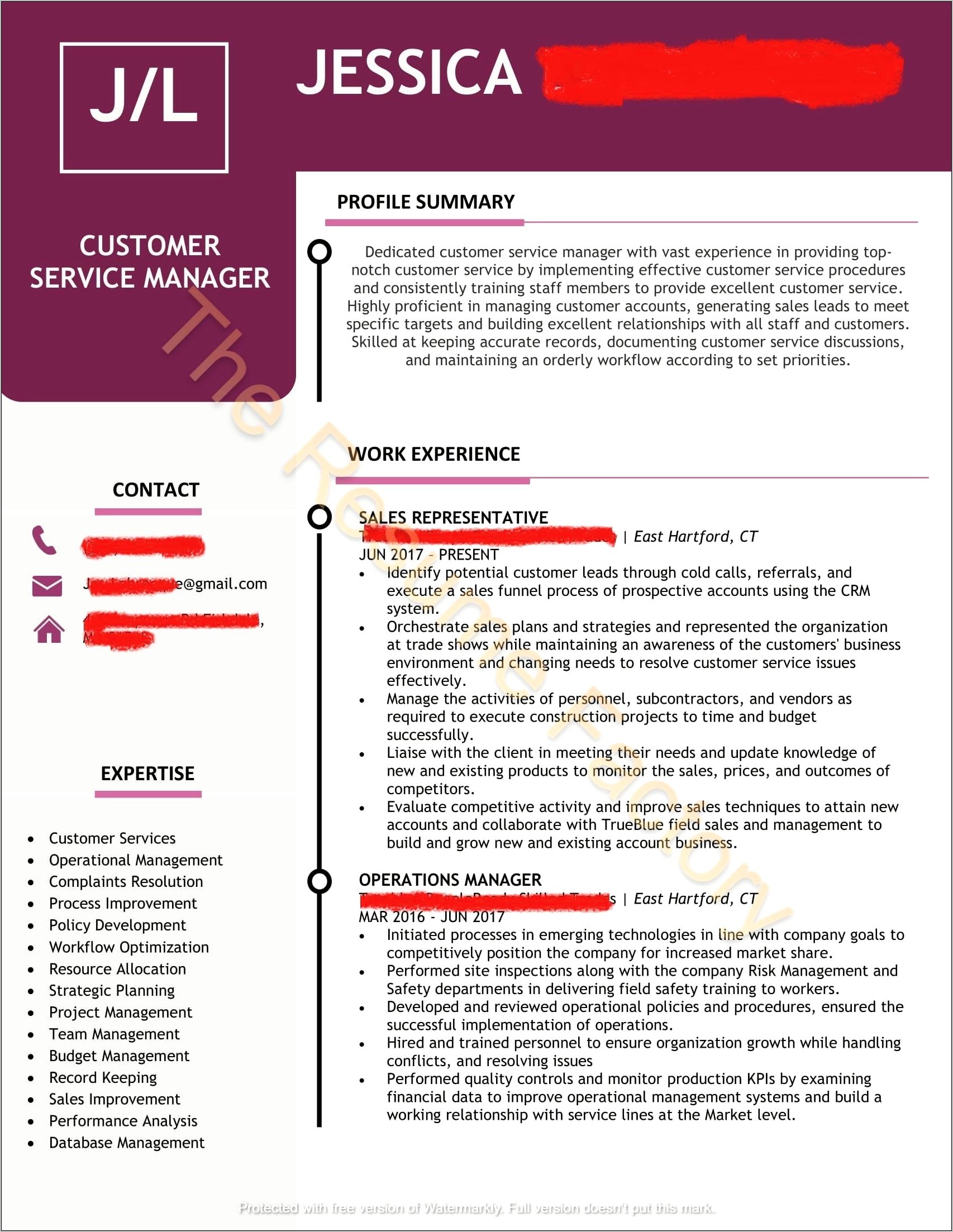 Customer Service Manager Factory Resume