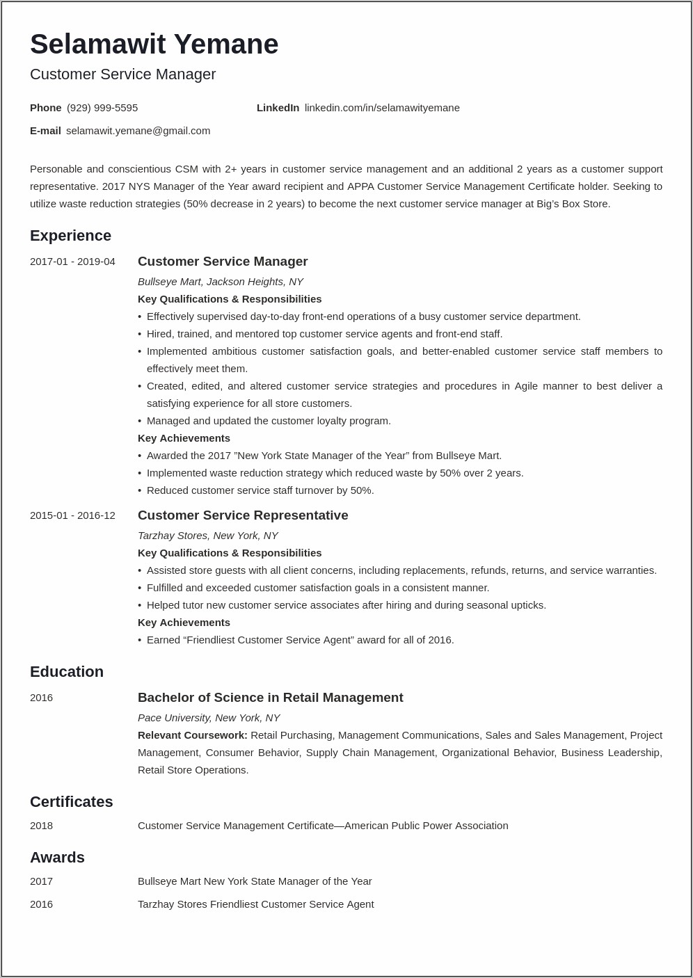 Customer Service Manager Functional Resume