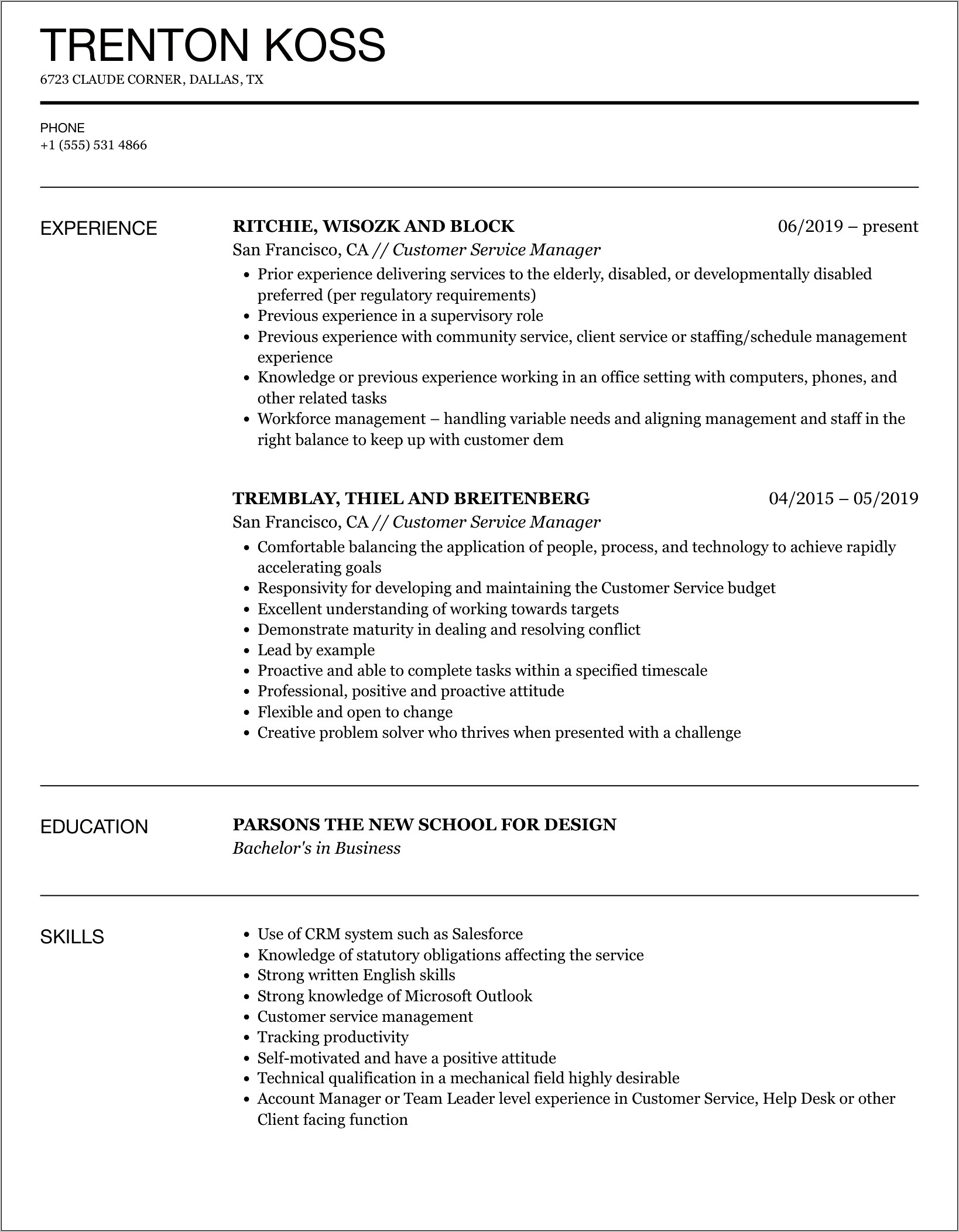 Customer Service Manager Resume Australia