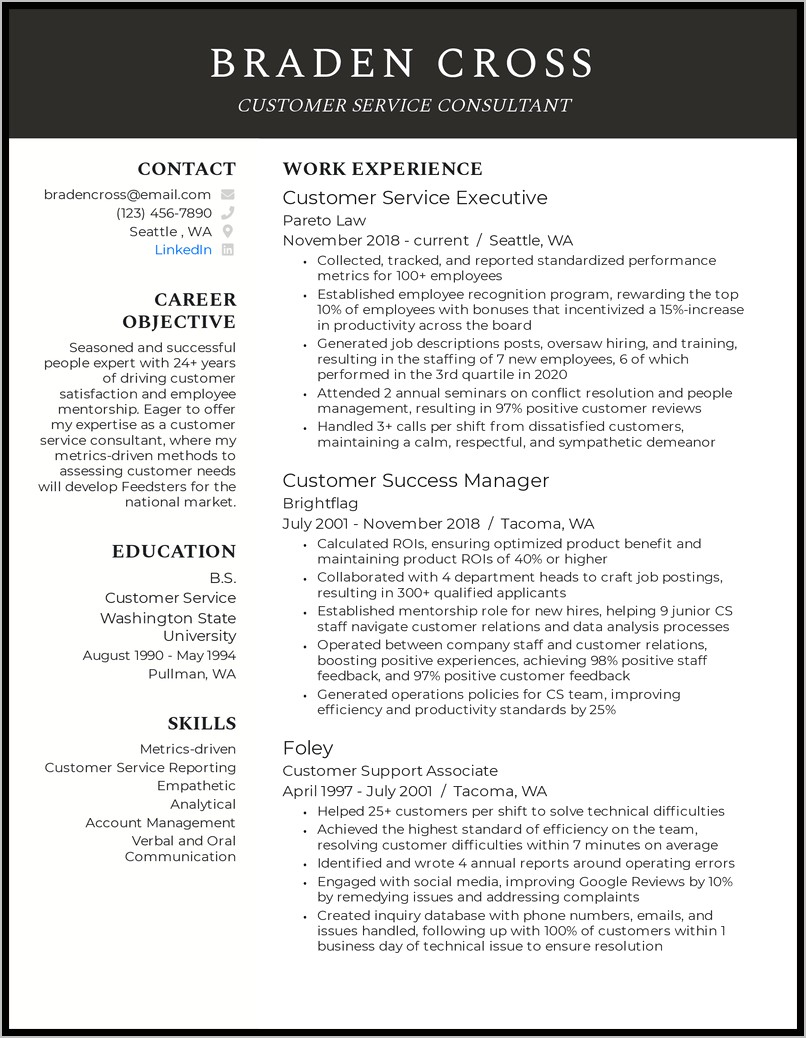 Customer Service Manager Resume Summary