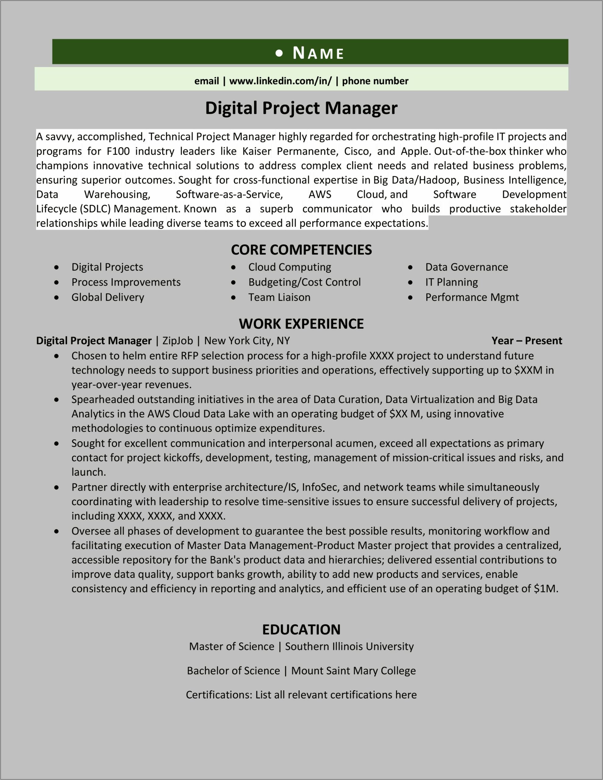 Customer Service Project Manager Resume