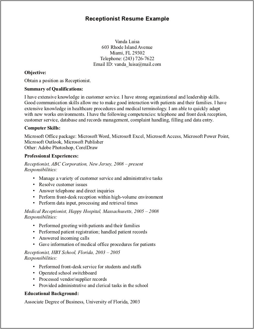 Customer Service Receptionist Resume Examples