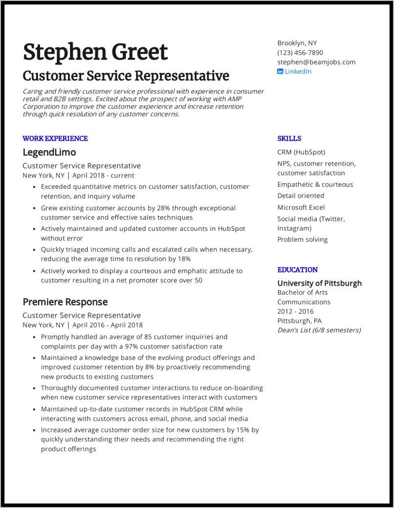 Customer Service Resume Examples 2018