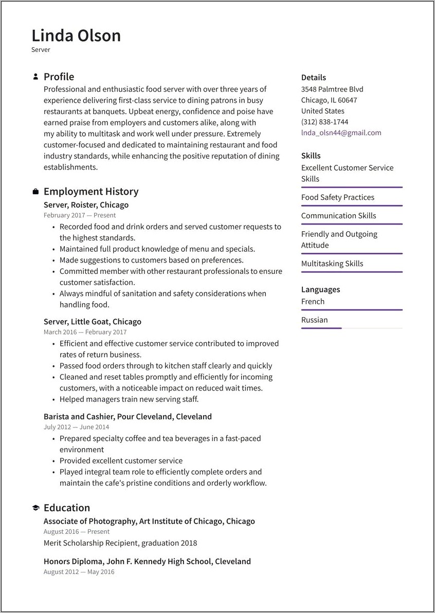 Customer Service Resume Restaurant Sample