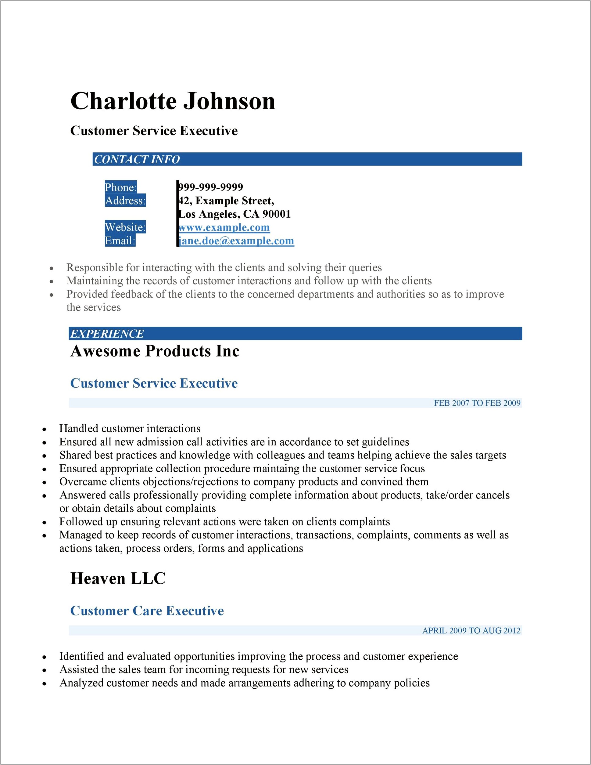 Customer Service Resume Sample Word