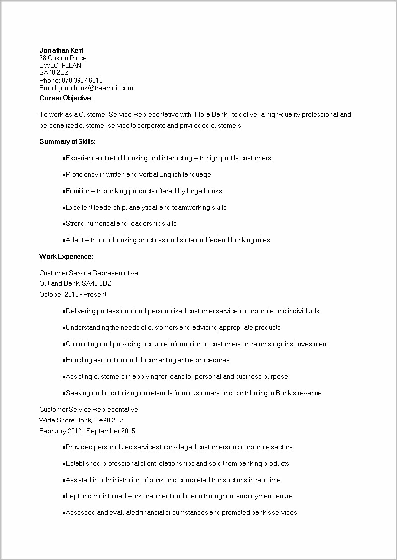 Customer Service Retail Resume Objective