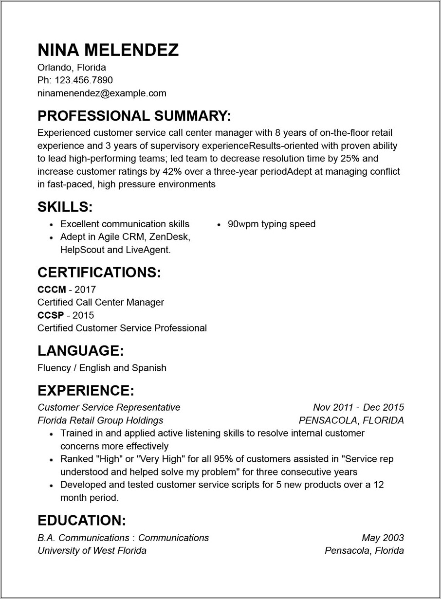 Customer Service Skills Based Resume