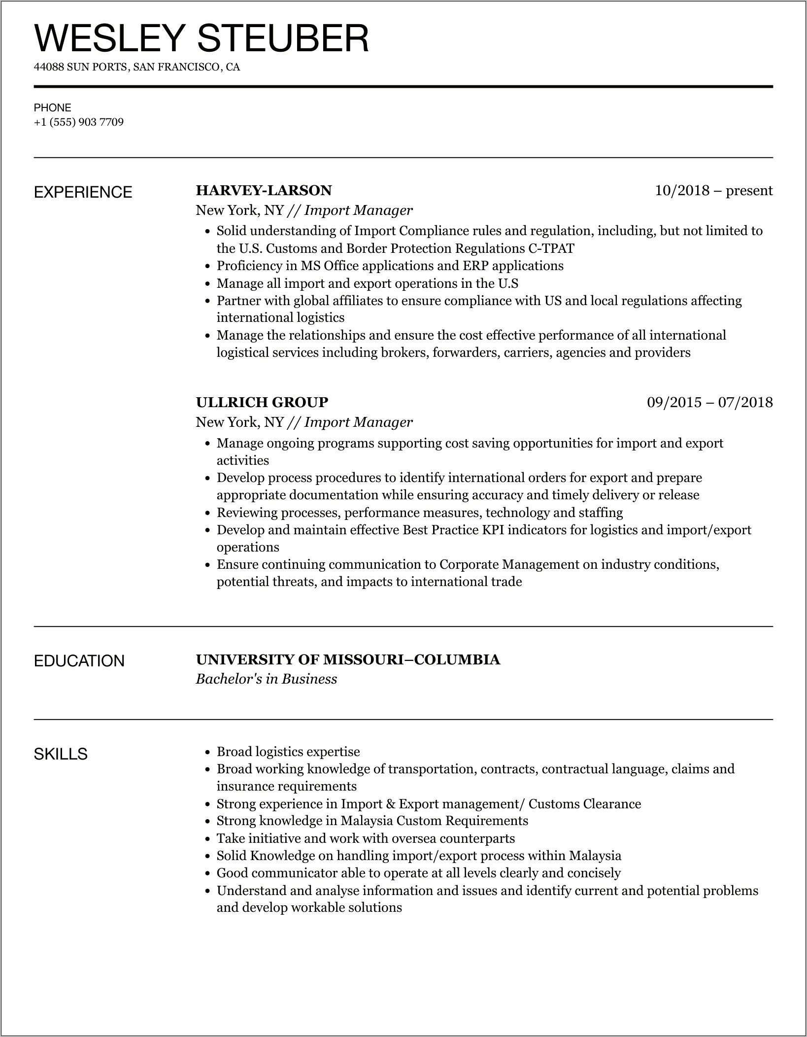 Customs Broker Job Description Resume