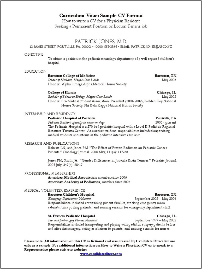 Cv Resume Sample For Residency