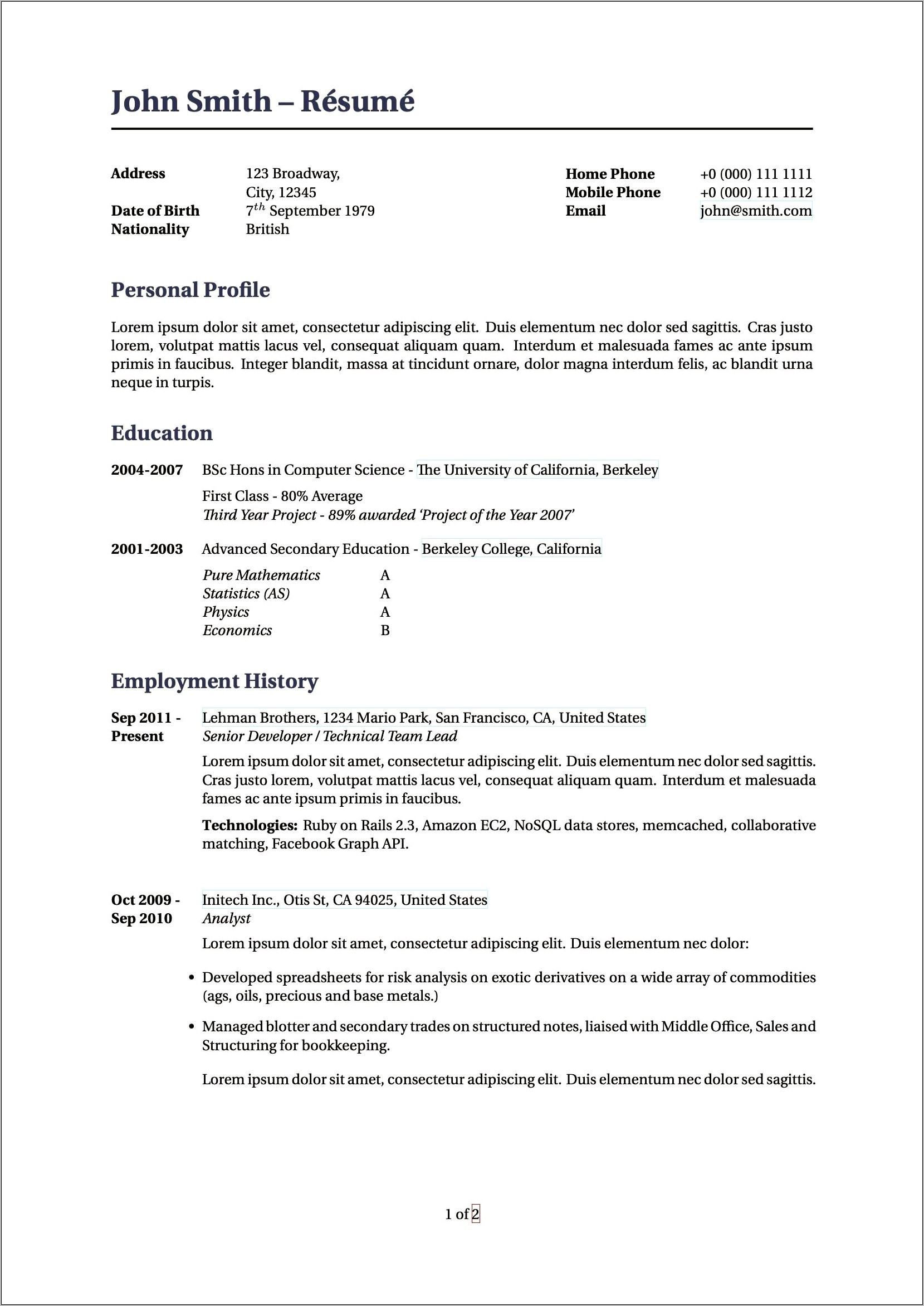 Cv Resume Sample Graduate School