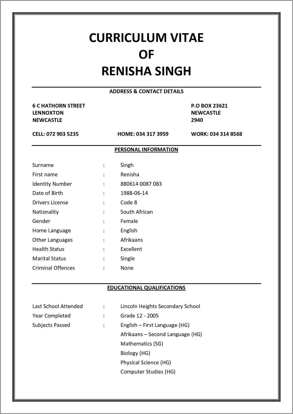 Cv Template South Africa Pdf Download