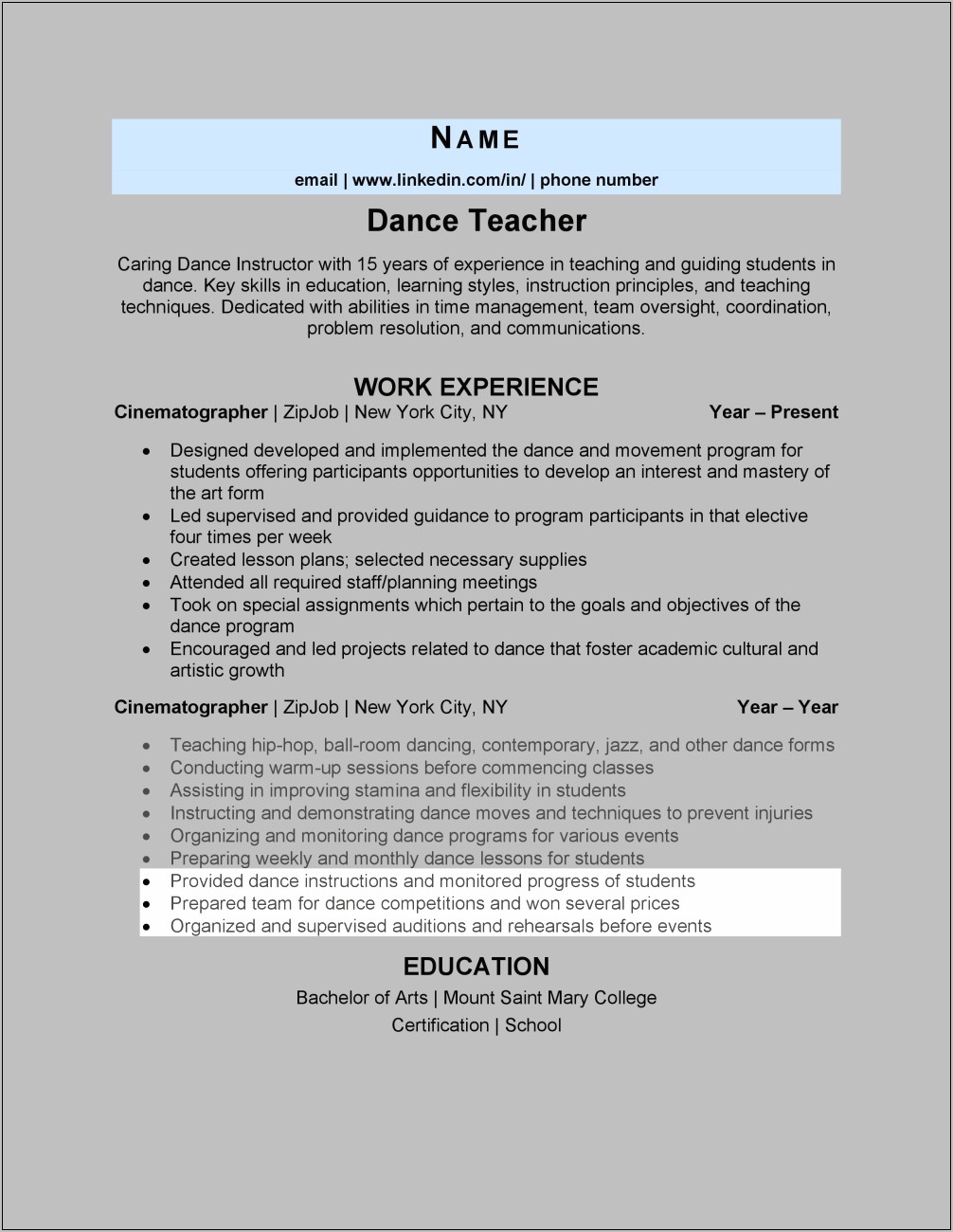 Dance Teacher Jobs Descriptions Resume