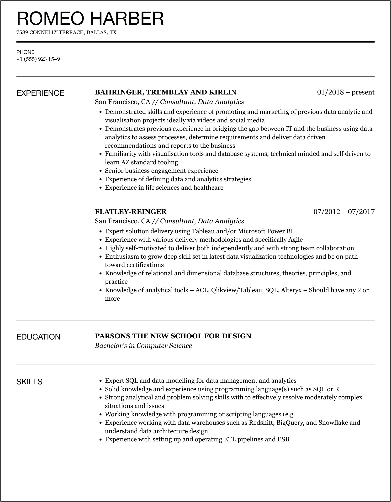 Data Analysis Technical Skills Resume