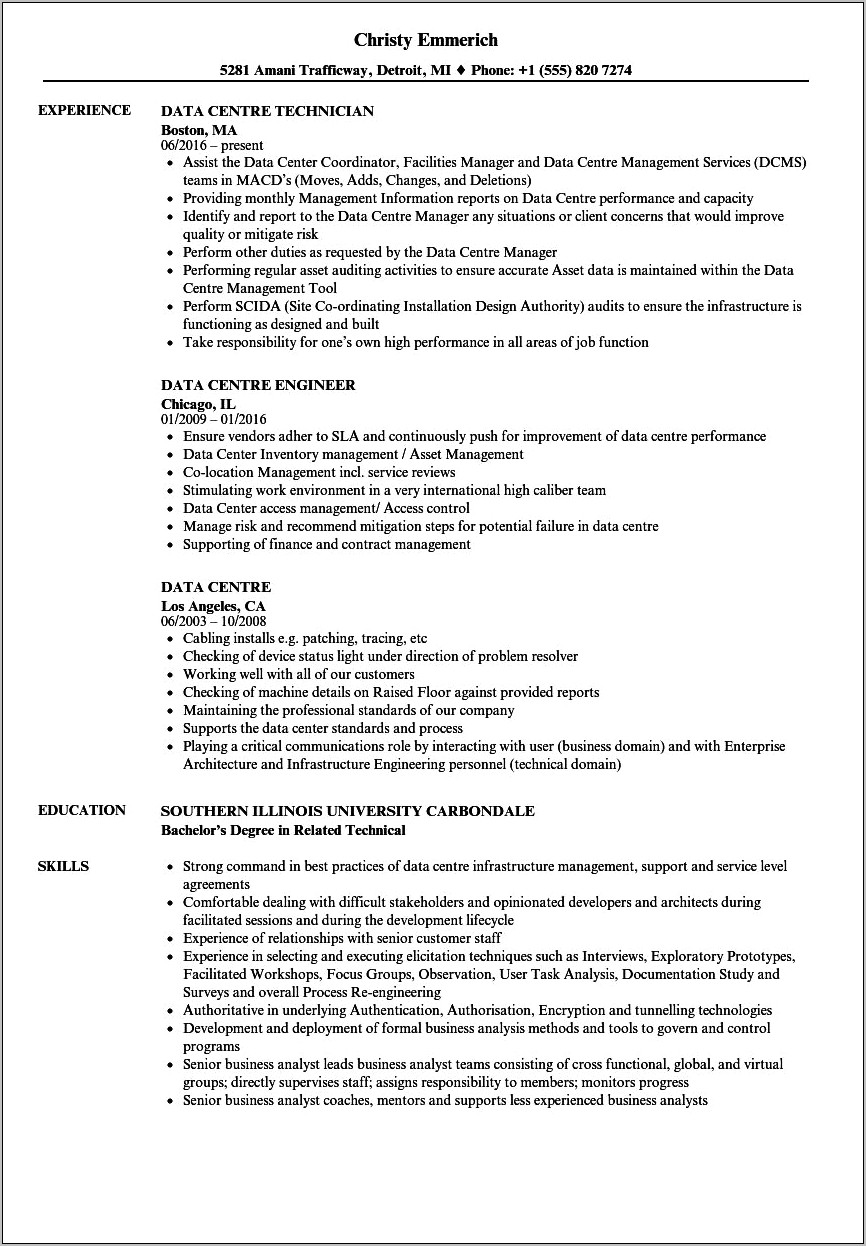 Data Center Engineer Resume Sample