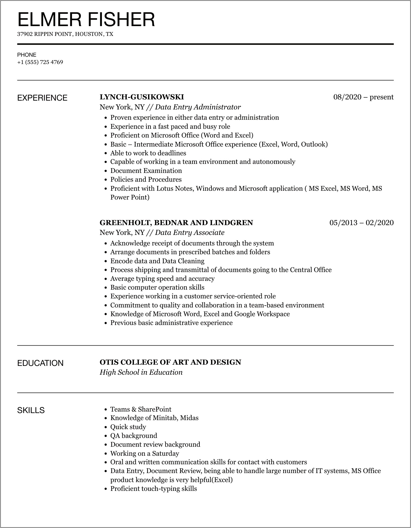 Data Encoder Job Description Resume