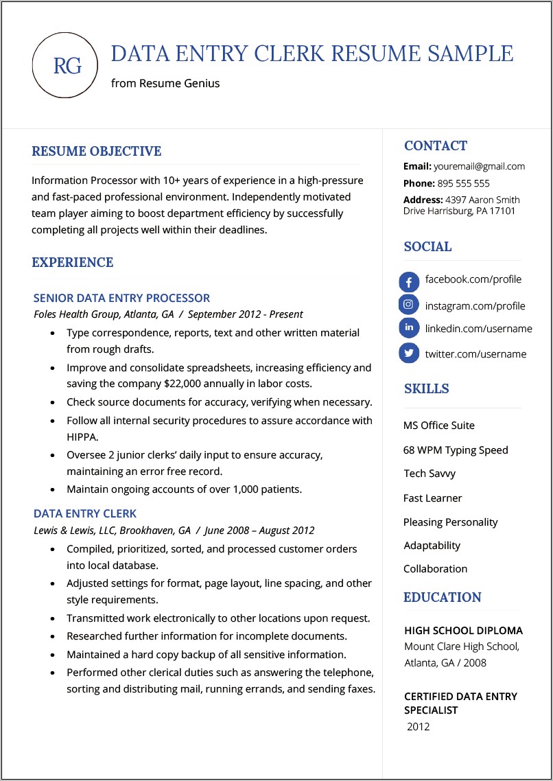 Data Entry School Resume Sample