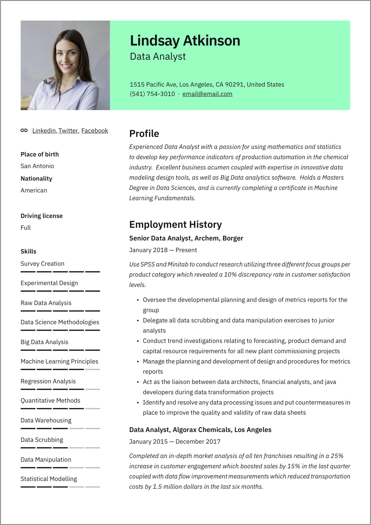 Data Mining Analyst Resume Sample